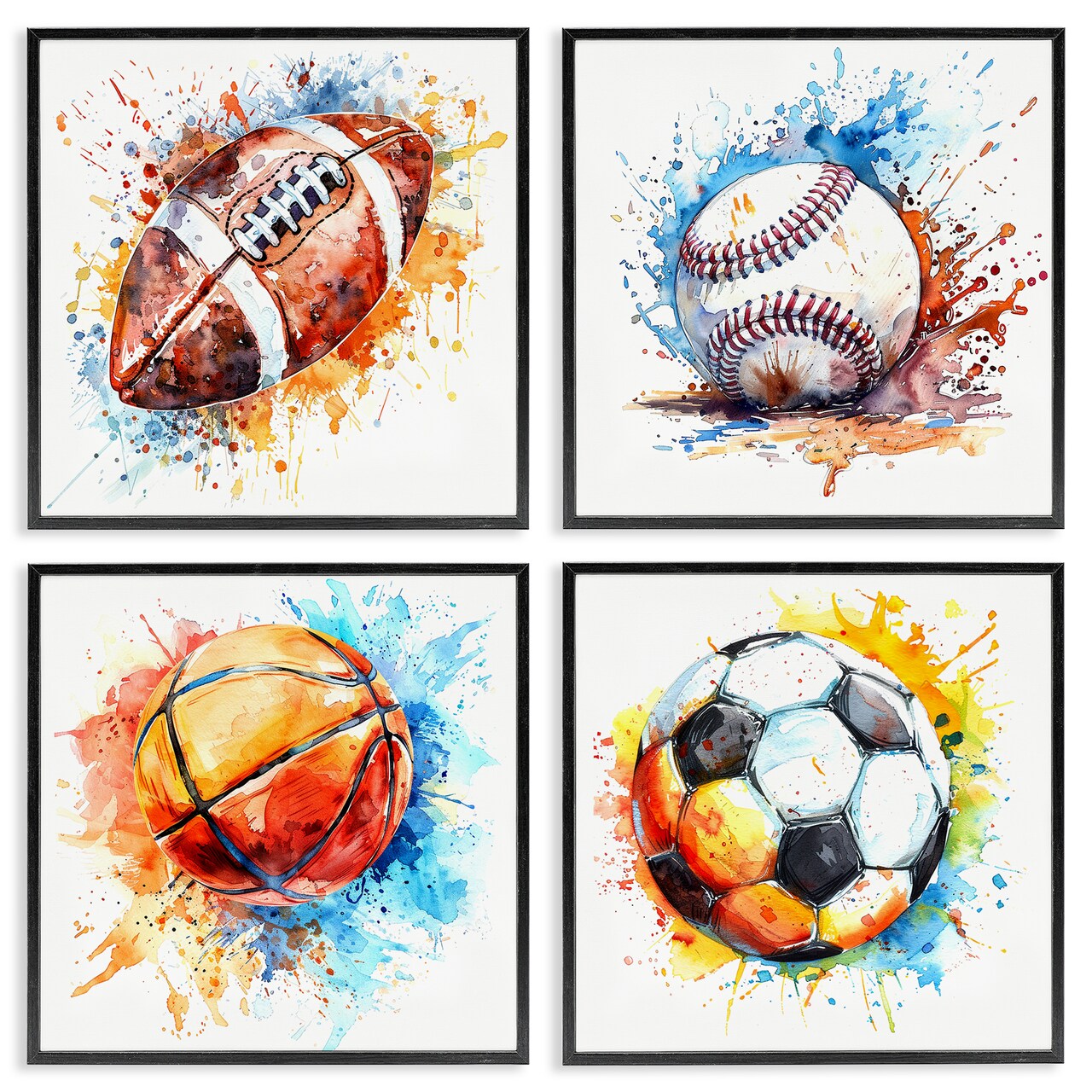 Stupell Industries Modern Splash Sports Balls 4pc Framed Giclee Wall Art Set Design by LSR Design Studio